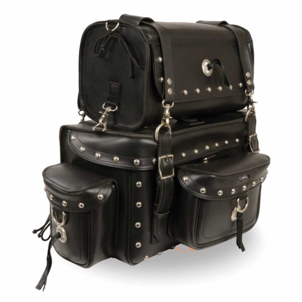 A black leather backpack with silver studs on it.