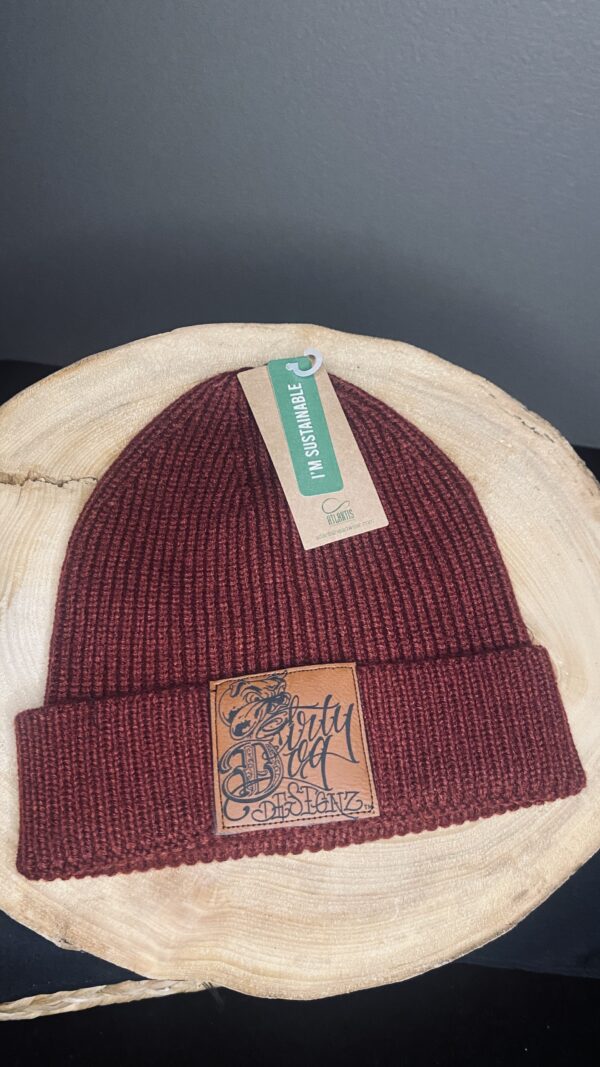 A red beanie with a patch on it's side.