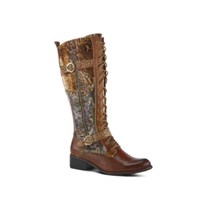 A pair of boots with a brown and floral pattern.