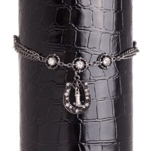 A black leather bracelet with a horse shoe charm.