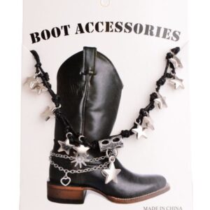 A cowboy boot with silver stars and chains.