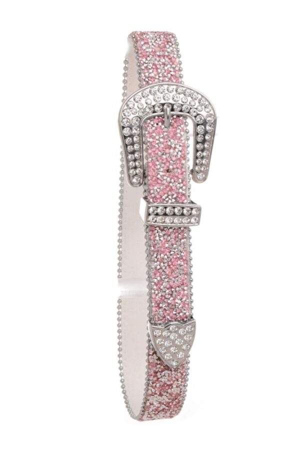 A pink and white belt with silver buckle