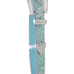 A blue and silver belt with rhinestones on it
