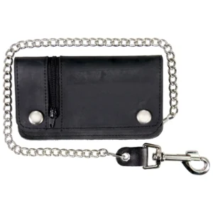 A black leather wallet with silver chain.