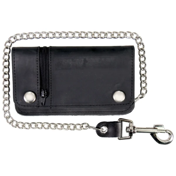 A black leather wallet with silver chain.