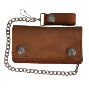 A brown leather wallet with silver chain.