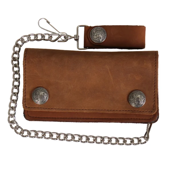 A brown leather wallet with silver chain.