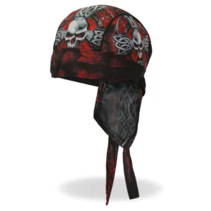 A red skull and cross bones head wrap.