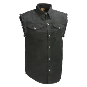 A black shirt with a button down collar and two front pockets.