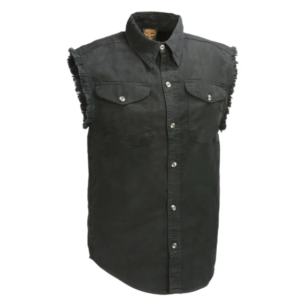 A black shirt with a button down collar and two front pockets.