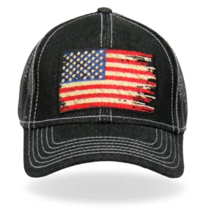 A black hat with an american flag patch on it.