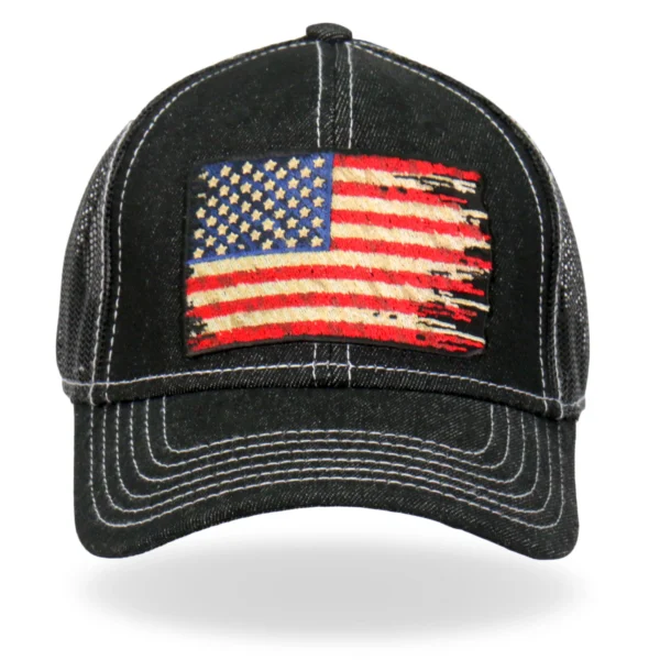 A black hat with an american flag patch on it.