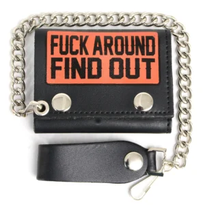 A wallet with the words fuck around, find out on it.