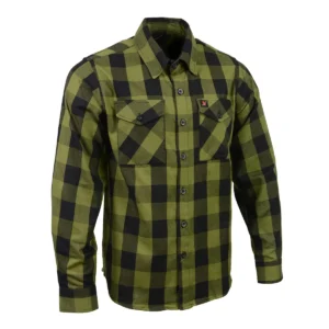 A green and black plaid shirt is on a white background