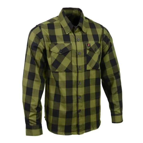 A green and black plaid shirt is on a white background
