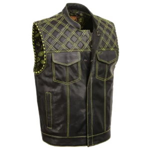A black leather vest with green stitching and yellow trim.