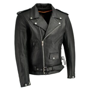A black leather jacket with a belt on the side.