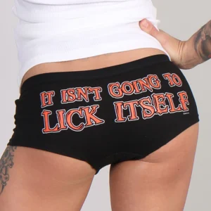 A woman wearing black underwear with red lettering.