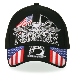 A black hat with an eagle and american flag on it.