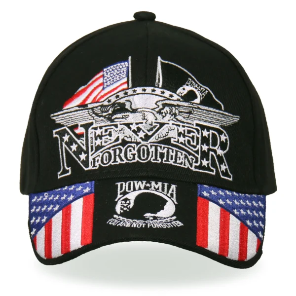 A black hat with an eagle and american flag on it.