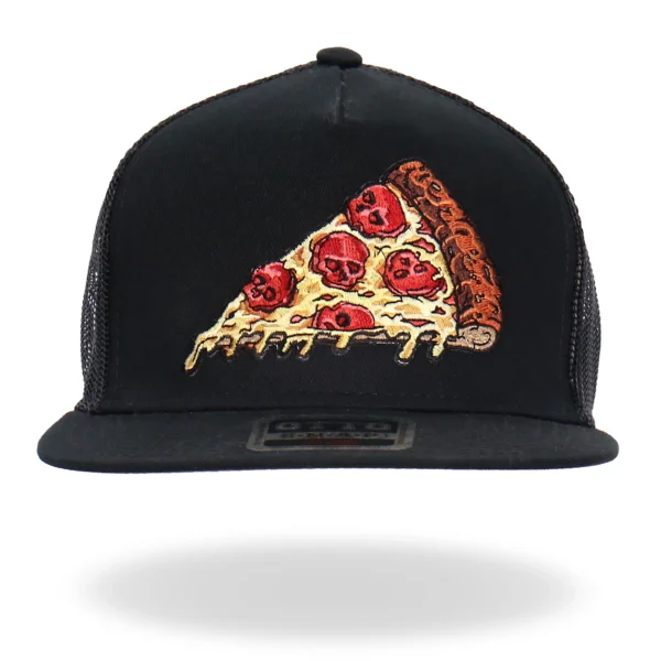 A black hat with a slice of pizza on it.