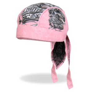 A pink hat with a skull and lettering on it.