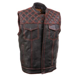 A black leather vest with red stitching and a diamond pattern.
