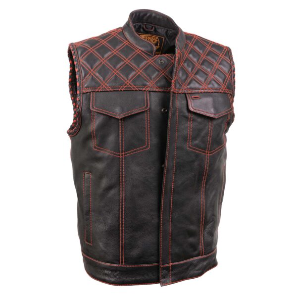 A black leather vest with red stitching and a diamond pattern.