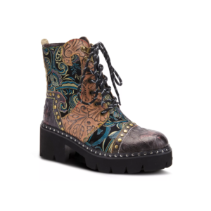 A pair of boots with a floral pattern and black sole.