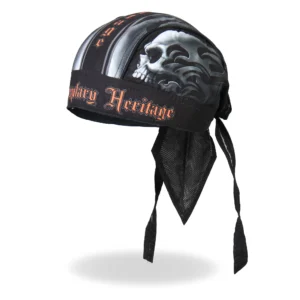 A black and orange skull bandana with the words " legendary heritage ".