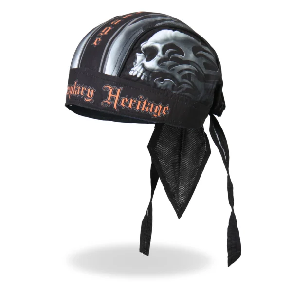 A black and orange skull bandana with the words " legendary heritage ".