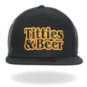 A black hat with the words " titties & beer ".