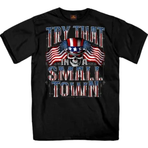 A black shirt with an image of a skull and american flag.
