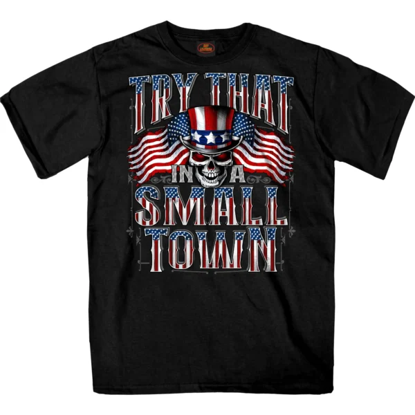 A black shirt with an image of a skull and american flag.