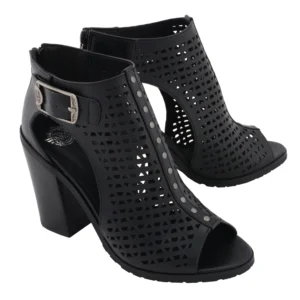 A pair of black shoes with holes and a buckle.