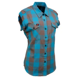 A blue and brown checkered shirt is shown.