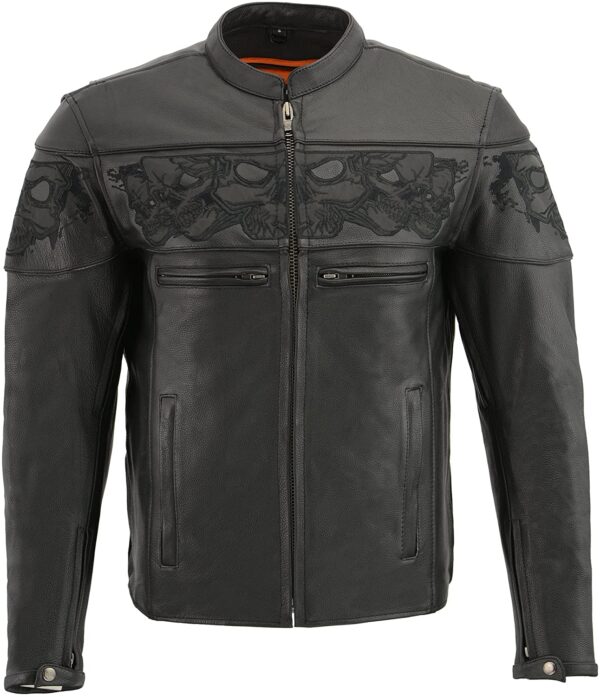 A black leather jacket with a pattern on the front.