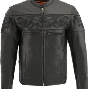 A black leather jacket with a pattern on the front.