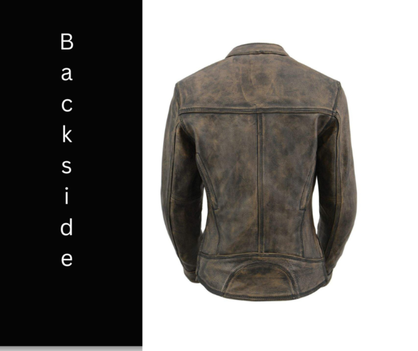A brown leather jacket with the words backside