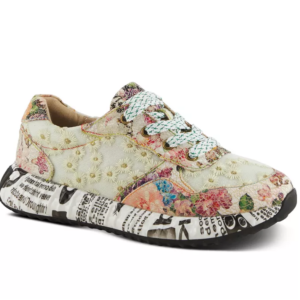 A pair of shoes with flowers and pearls on them.