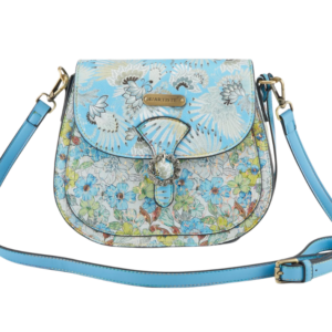A blue purse with a floral design on it.