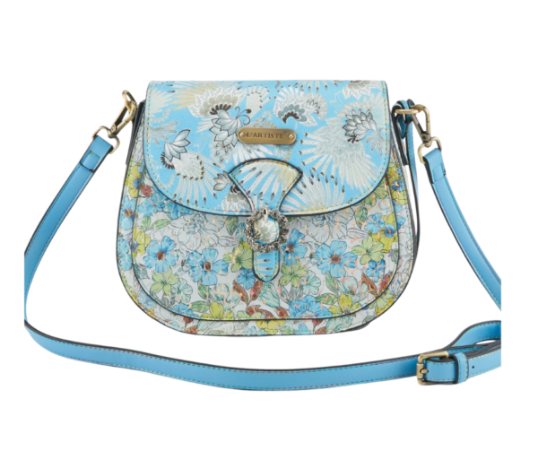 A blue purse with a floral design on it.