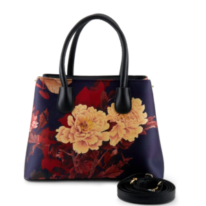 A bag with flowers on it and black strap.