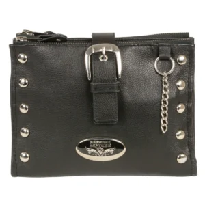 A black purse with silver studs and a chain.