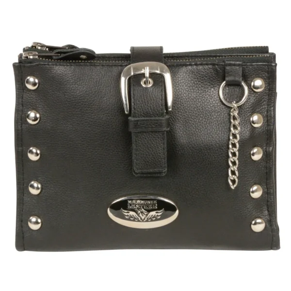 A black purse with silver studs and a chain.