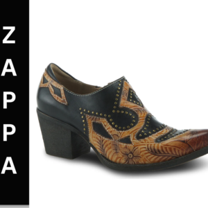 A pair of shoes with a black and brown pattern on them.