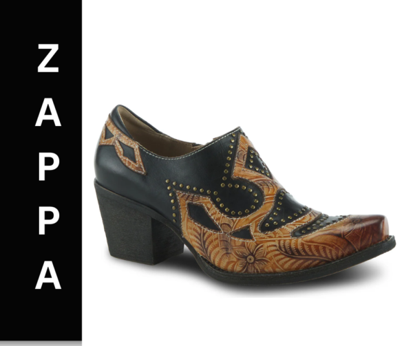 A pair of shoes with a black and brown pattern on them.