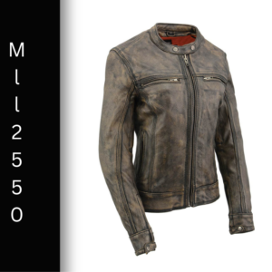 A brown leather jacket with a red lining.