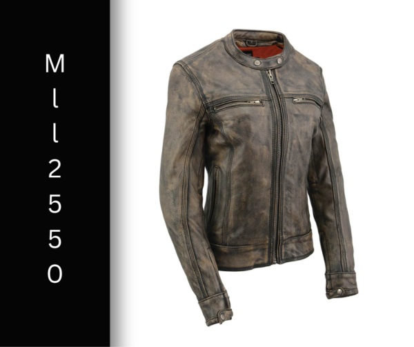 A brown leather jacket with a red lining.