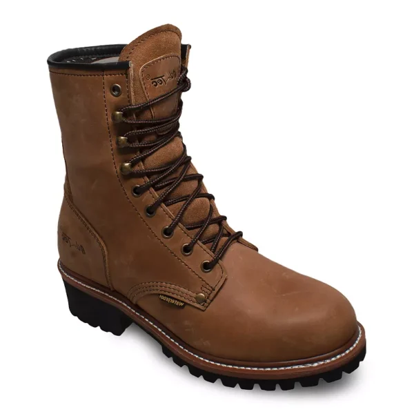 A brown boot with laces and a black sole.